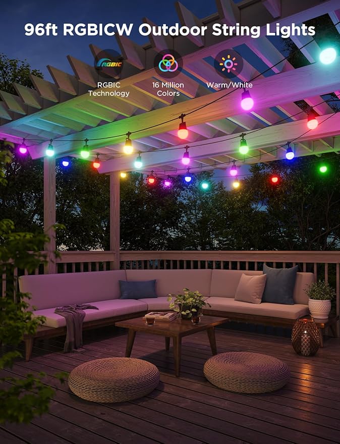Govee Smart Outdoor String Lights 2, 96ft RGBIC Outdoor Lights with Dimmable ...