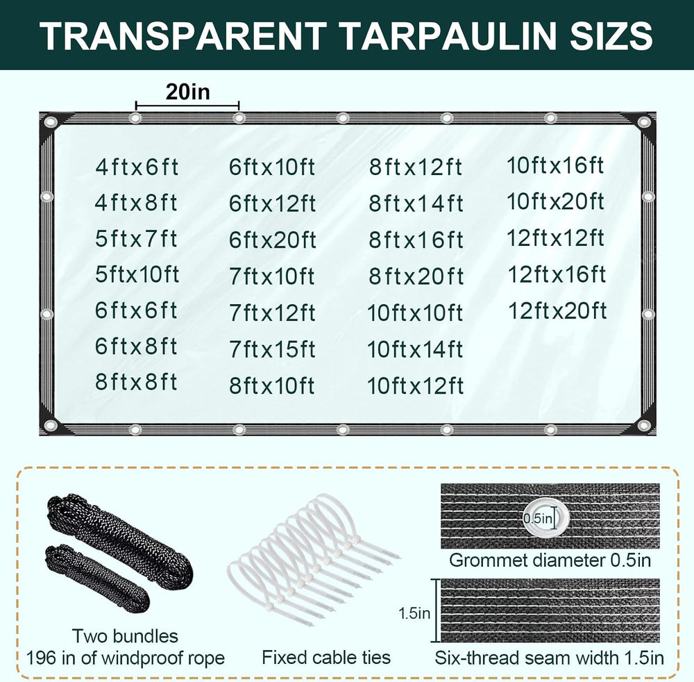Clear Tarp with Grommets 8x12 ft Heavy Duty Clear Tarps 14 Mil Thickened Tear...