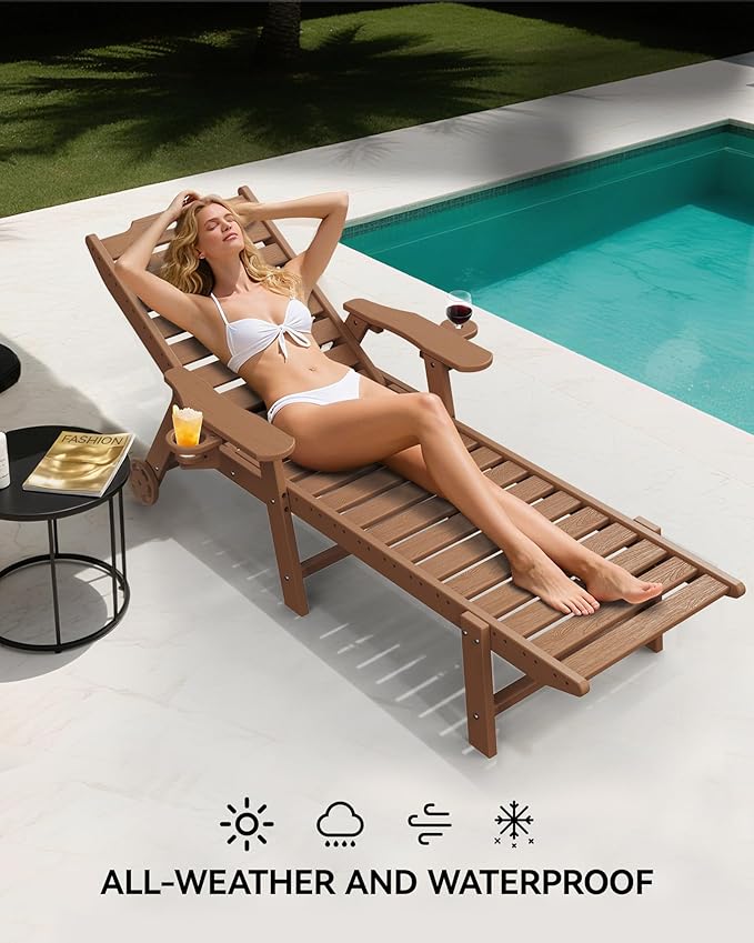 Carauci Lounge Chair Outdoor Set of 4, HDPE Chaise Lounge with Wheels, 5-Posi...