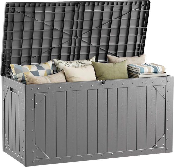 100 Gallon Outdoor Storage Box, Lockable Waterproof Resin Deck Box, Gray
