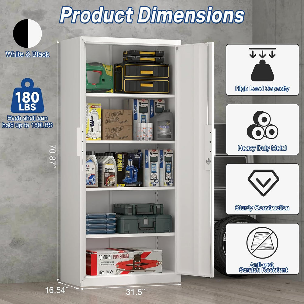 White Metal Storage Cabinet with Doors and Shelves, 71" Tall Metal Garag...