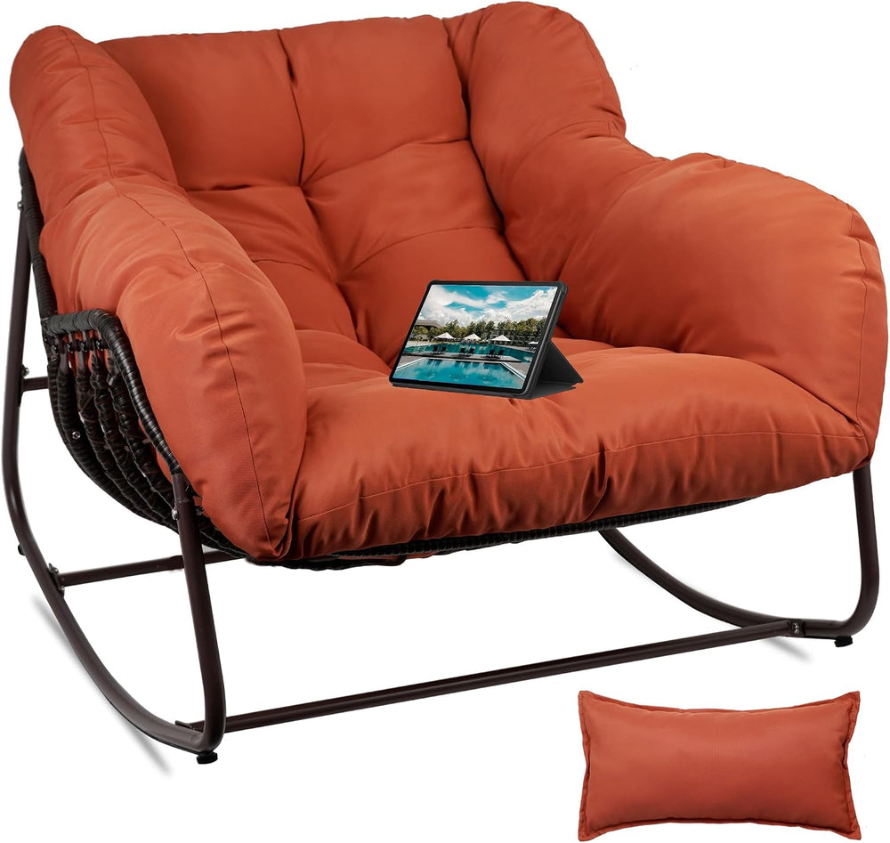 Outdoor Papasan Rocking Chair, Oversized Patio Rocking Chairs with Padded Cus...