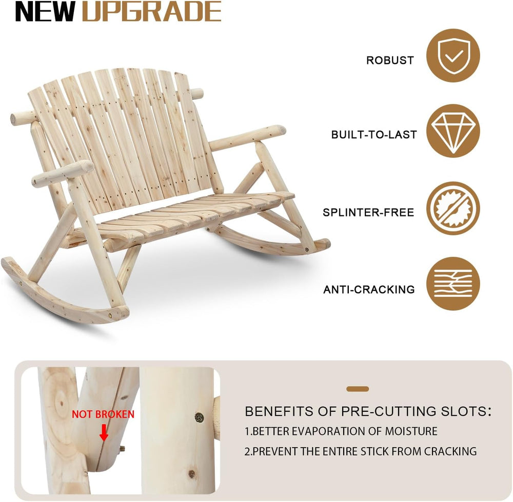 Outvita 2-Person Wood Rocking Chair, Fir Log Adirondack Rocker, Outdoor Wood ...