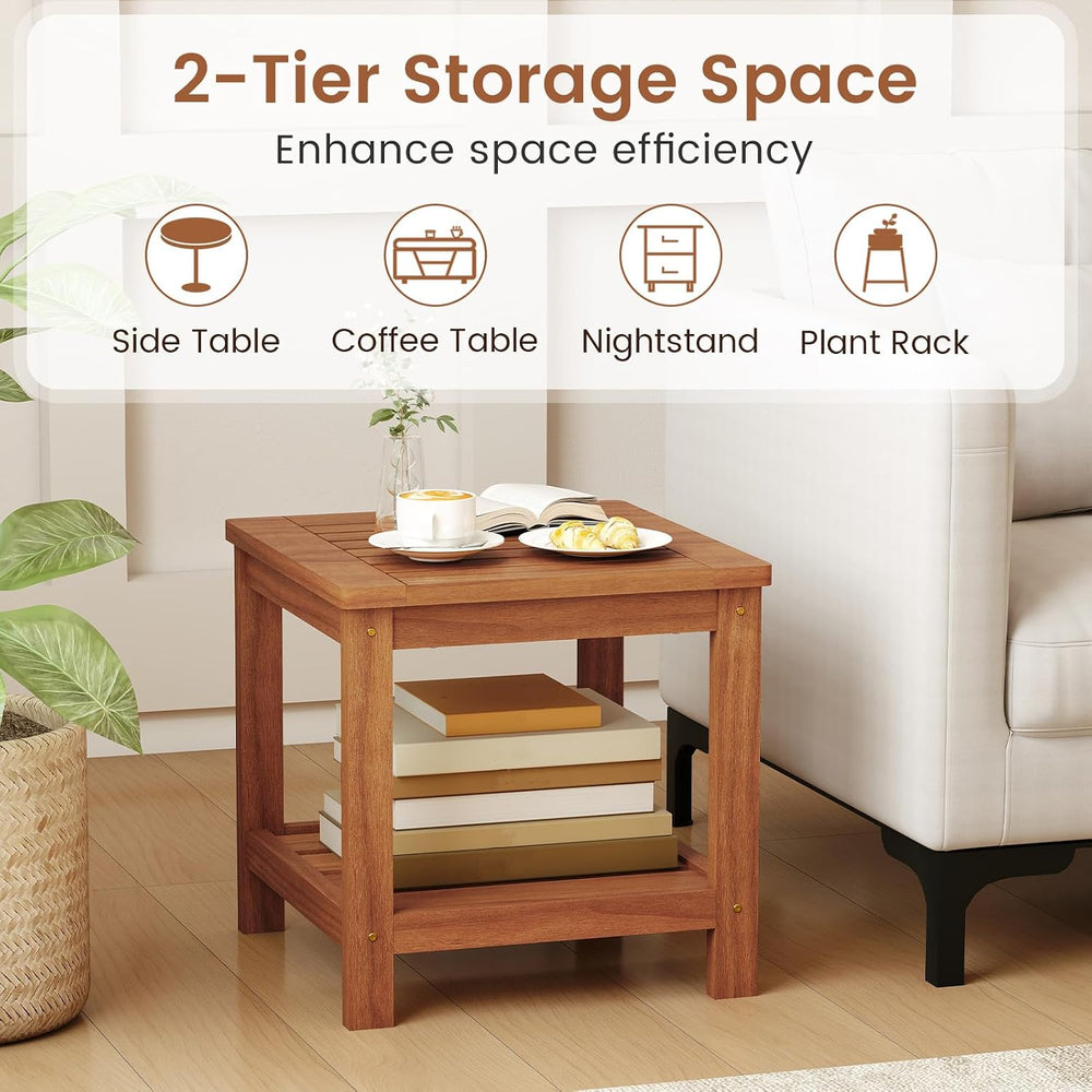HAPPYGRILL 2-Tier Outdoor Wood Side Table with Storage Shelf, Patio Wooden En...