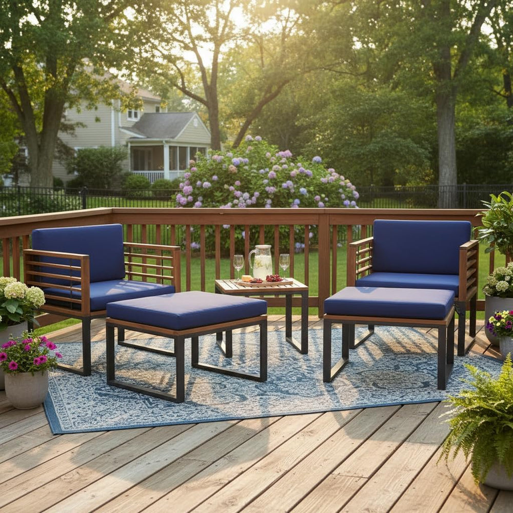 Tangkula 5 Pieces Acacia Wood Patio Furniture Set with Ottomans, Outdoor Conv...