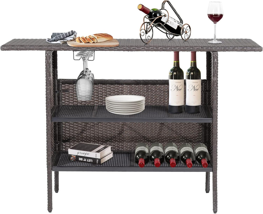 GIANTEX Outdoor Patio Wicker Bar Table, 2 Storage Shelves, 55''W Tabl...