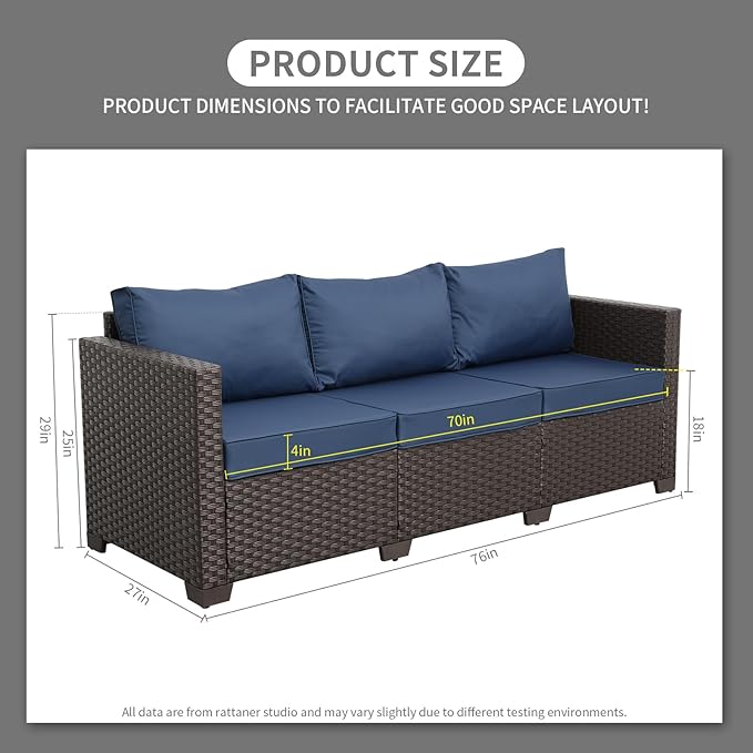 Rattaner 3-Seat Patio Wicker Sofa, Outdoor Rattan Couch Furniture Steel Frame...