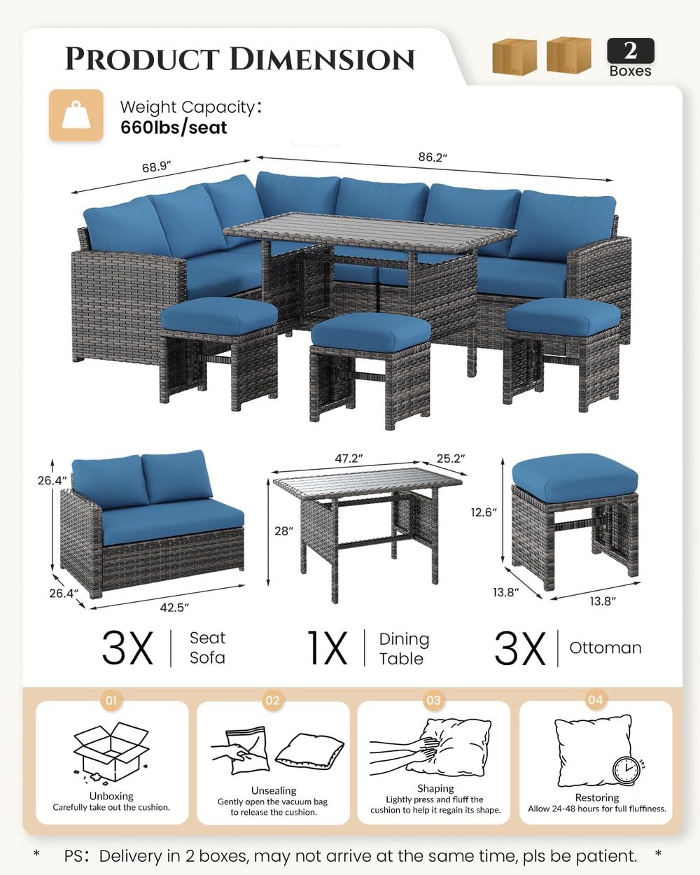 7 Pieces Patio Furniture Set, Outdoor Sectional Sofa Conversation Set, All We...