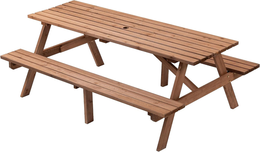 Outdoor Wooden Picnic Table with Benches and Umbrella Hole, Rustic Style Wood...