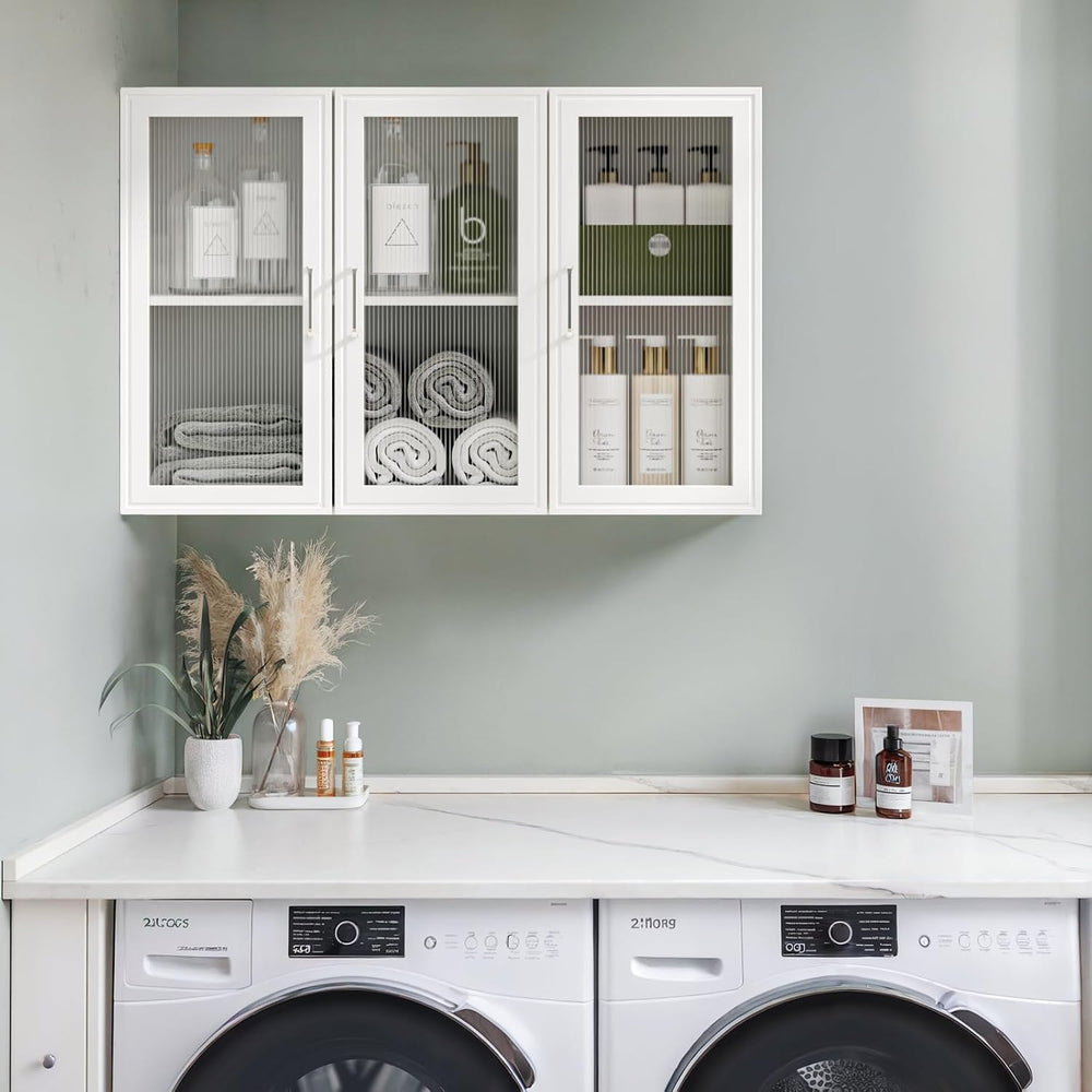 36''W Wall Cabinets for Laundry Room, Acrylic Glass Wall Mounted Stor...