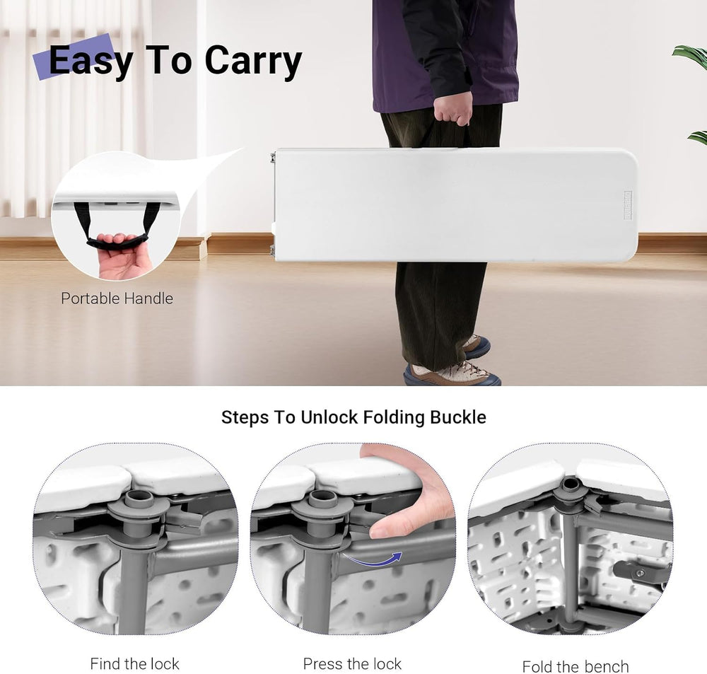 Byliable Folding Bench 6ft,Portable Plastic Bench Seat with Handle,White
