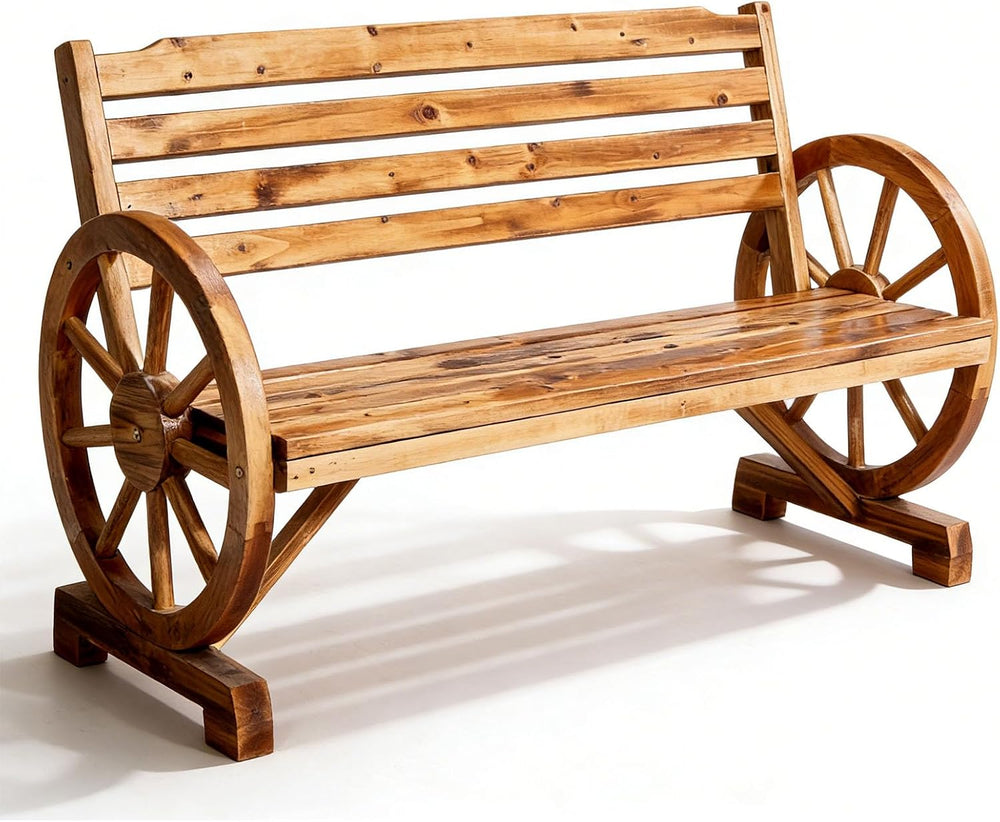 VINGLI Rustic Wooden Wheel Bench Outdoor Bench, Patio Bench Wagon Slatted Sea...