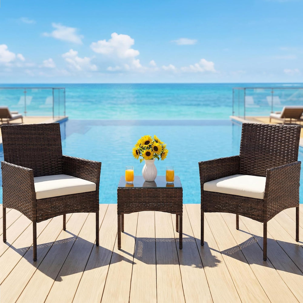 DUMOS 3 Piece Patio Furniture Set, Outdoor Wicker Bistro Set, Brown