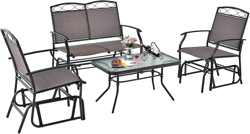 Tangkula 4 Pcs Patio Glider Set, Outdoor Gliding Loveseat w/Tempered Glass Co...