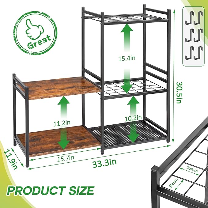 Garage Tool Organizer with 2-tier Wooden Shelves, Yard Tool Organizer for Gar...