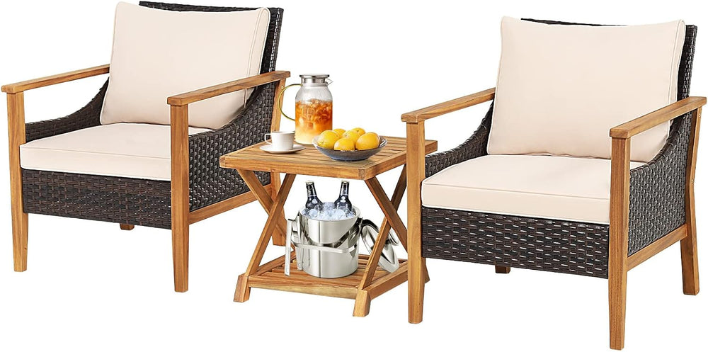 Tangkula 3 Pieces PE Wicker Patio Bistro Set, Outdoor Acacia Wood Conversatio...