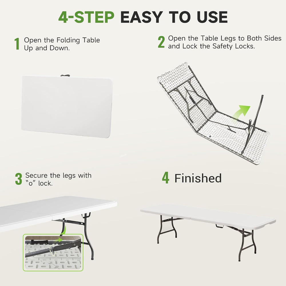 8FT Folding Table - Heavy-Duty 660 lb Capacity, Portable Table with Safety Lo...