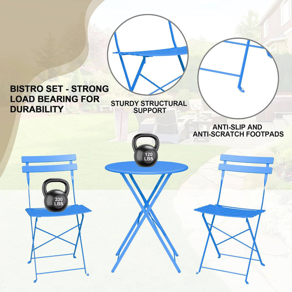 Bistro Table and Chairs Set of 2, 3 Piece Folding Patio Bistro Set, Blue