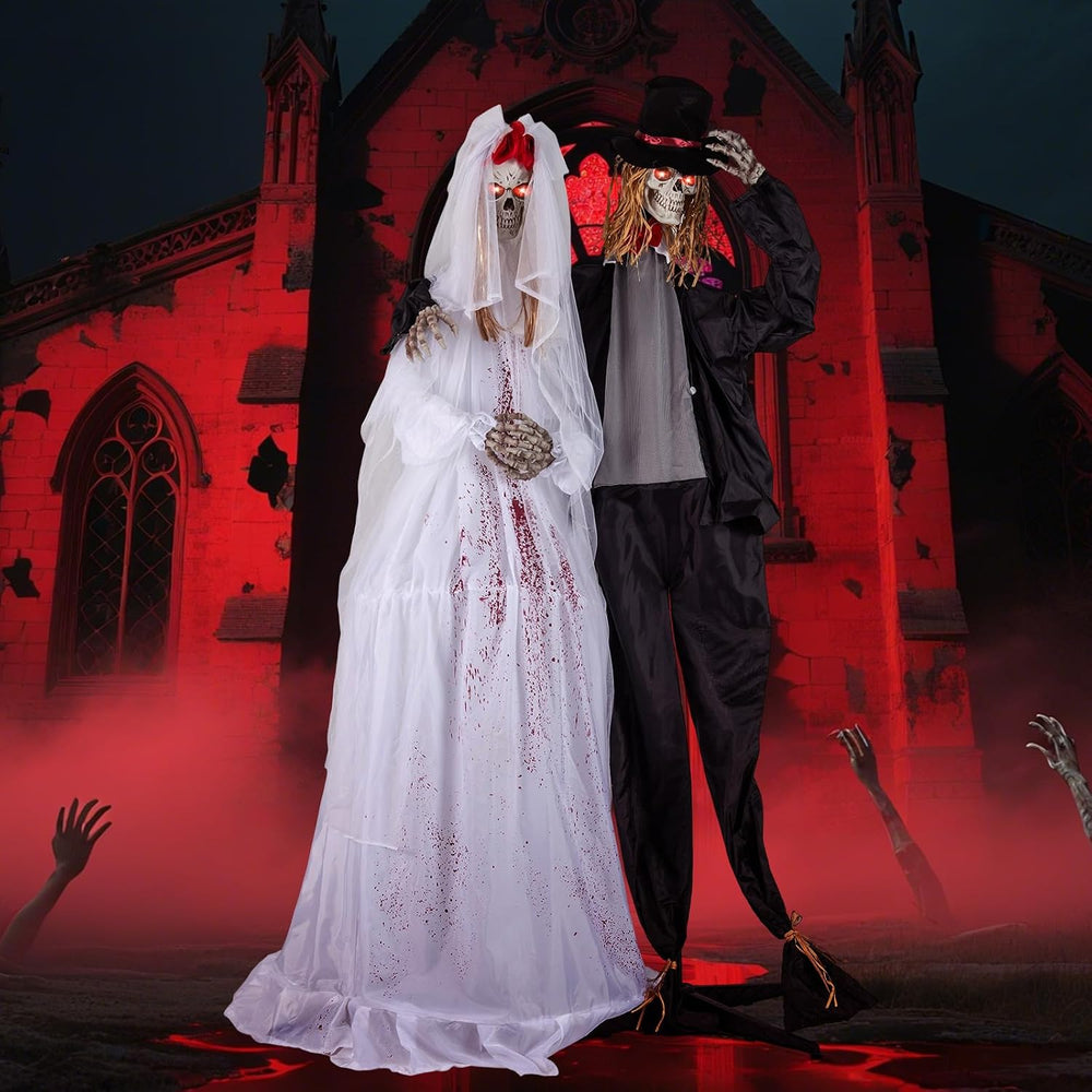 Tangkula 7.2 FT Halloween Animatronics Standing Skeleton Bride & Groom Set