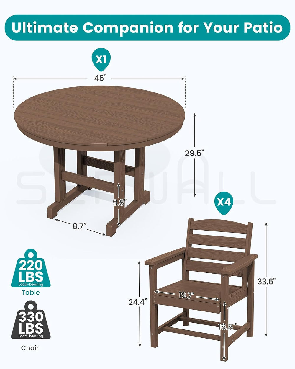 SERWALL 6-Pc Dining Set, 45" Table, 4 Chairs&9FT Umbrella, Brown (No...