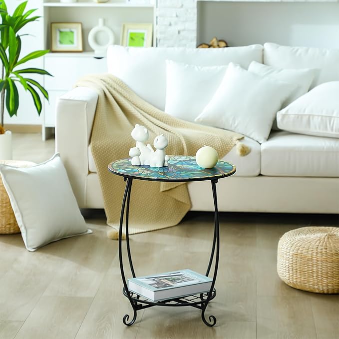 Outdoor Side Table Round Small Mosaic Patio Accent Indoor End Plant Coffee Te...