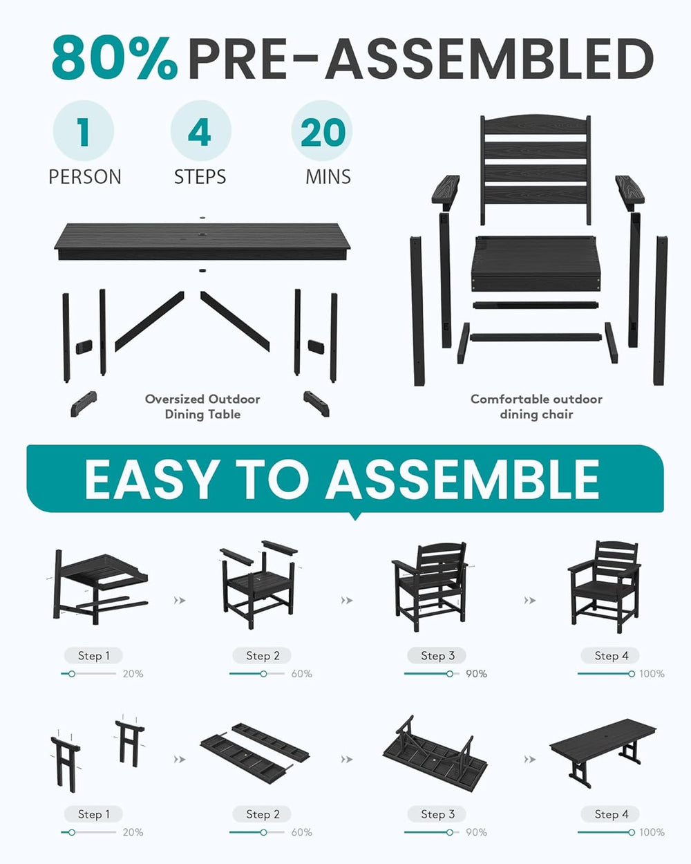 SERWALL 9Pcs 84" HDPE Outdoor Dining Set for 8 with Armchairs,Black