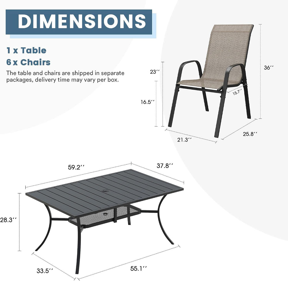 DIFY 7 Piece Outdoor Dining Set, Metal Table & Brown Textilene Chairs
