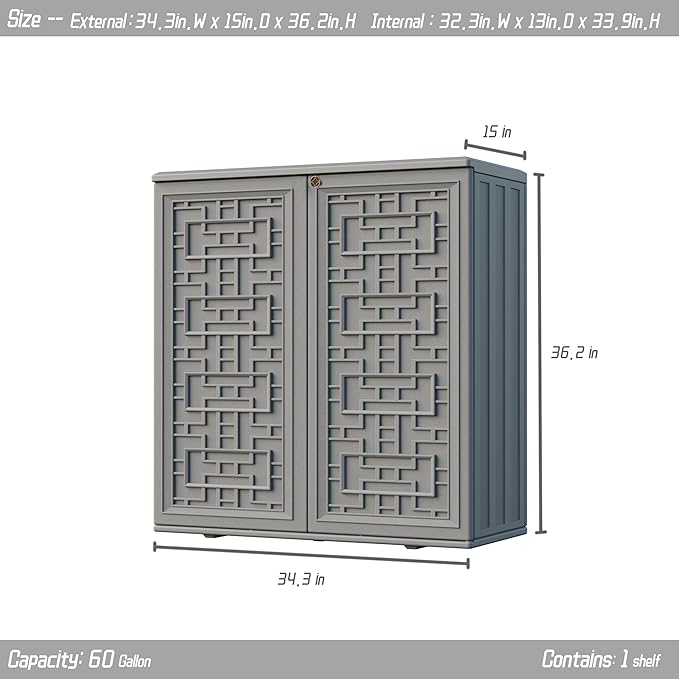 Indoor Outdoor Storage Cabinet Waterproof with Shelf,Plastic Storage Sheds Ou...