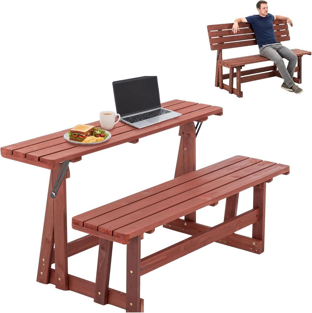 2-IN-1 Convert A Bench Picnic Table Wood Bench to Table With Umbrella Hole