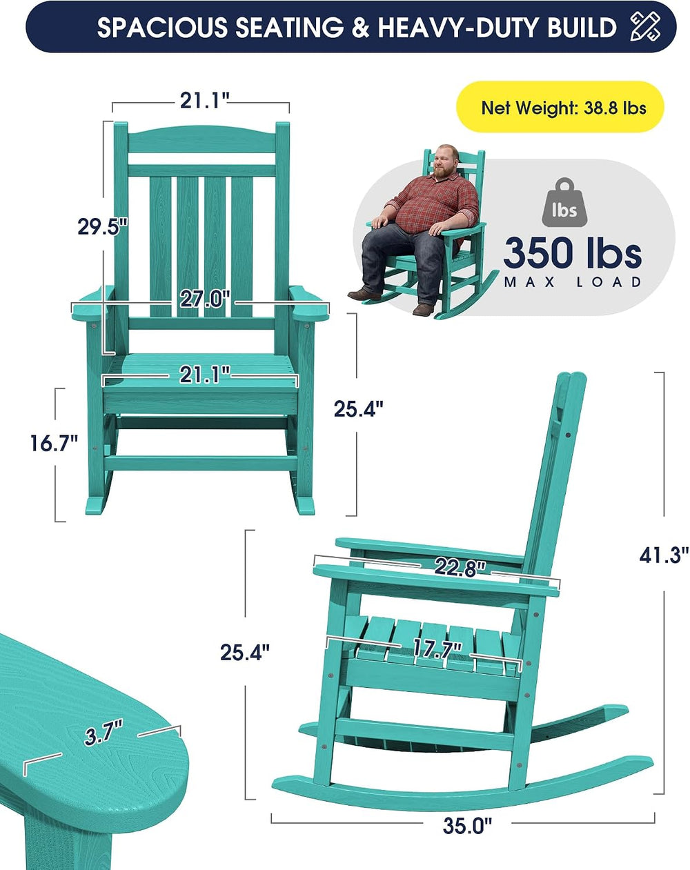 KINGYES Oversized Outdoor Rocking Chairs Set of 2, HDPE Porch Rocker, Aruba
