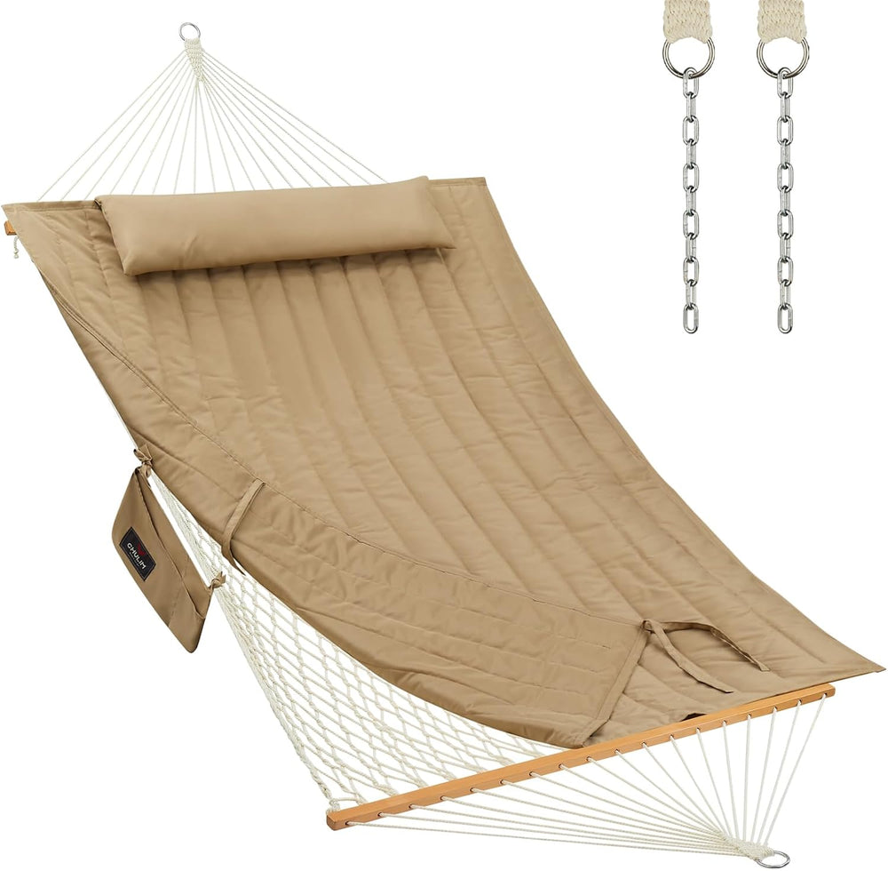 Double Rope Hammock with Spreader Bars Removable Quilted Pad, Pillow