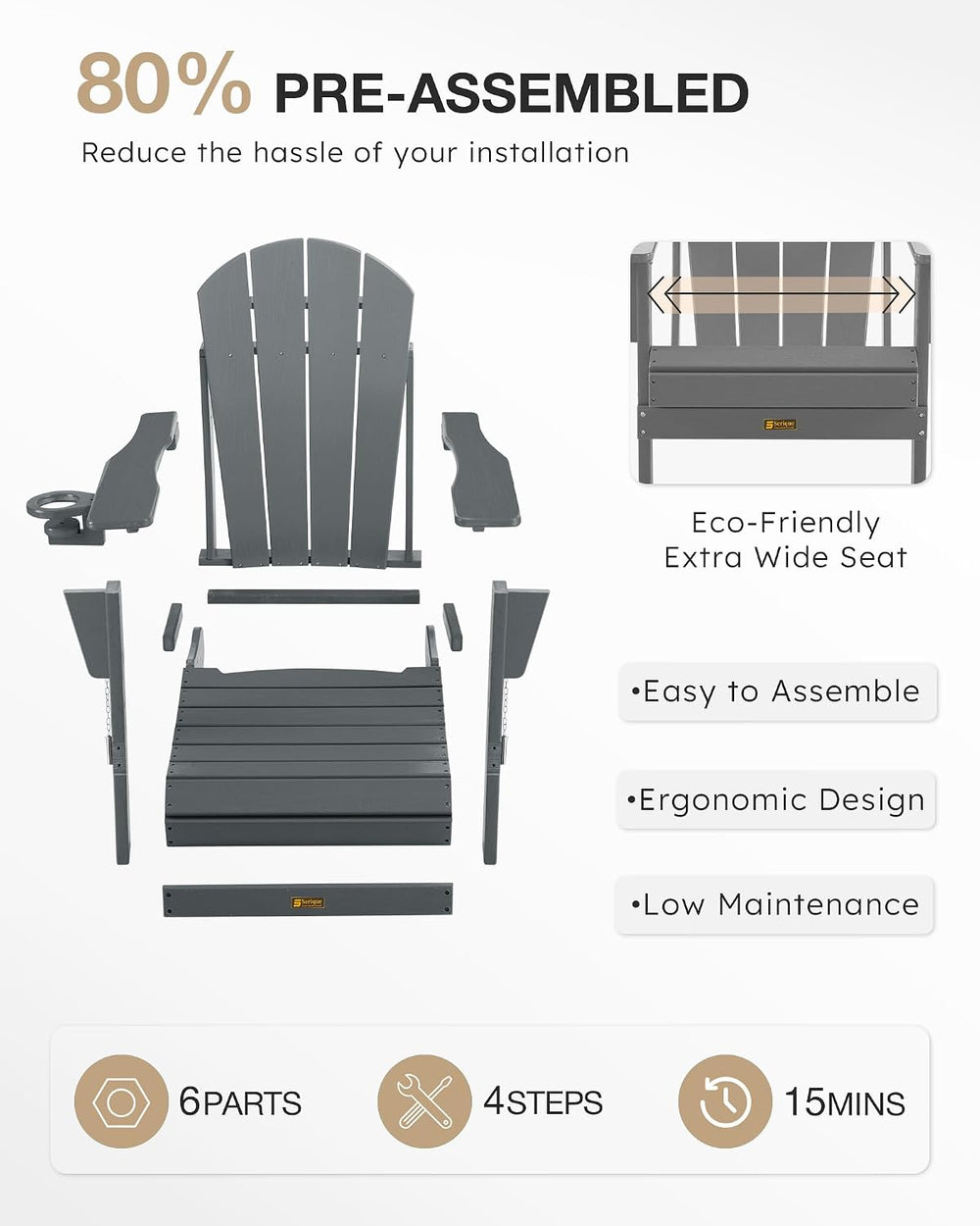 Folding Adirondack Chair, Wood Texture, Weather Resistant(Grey)