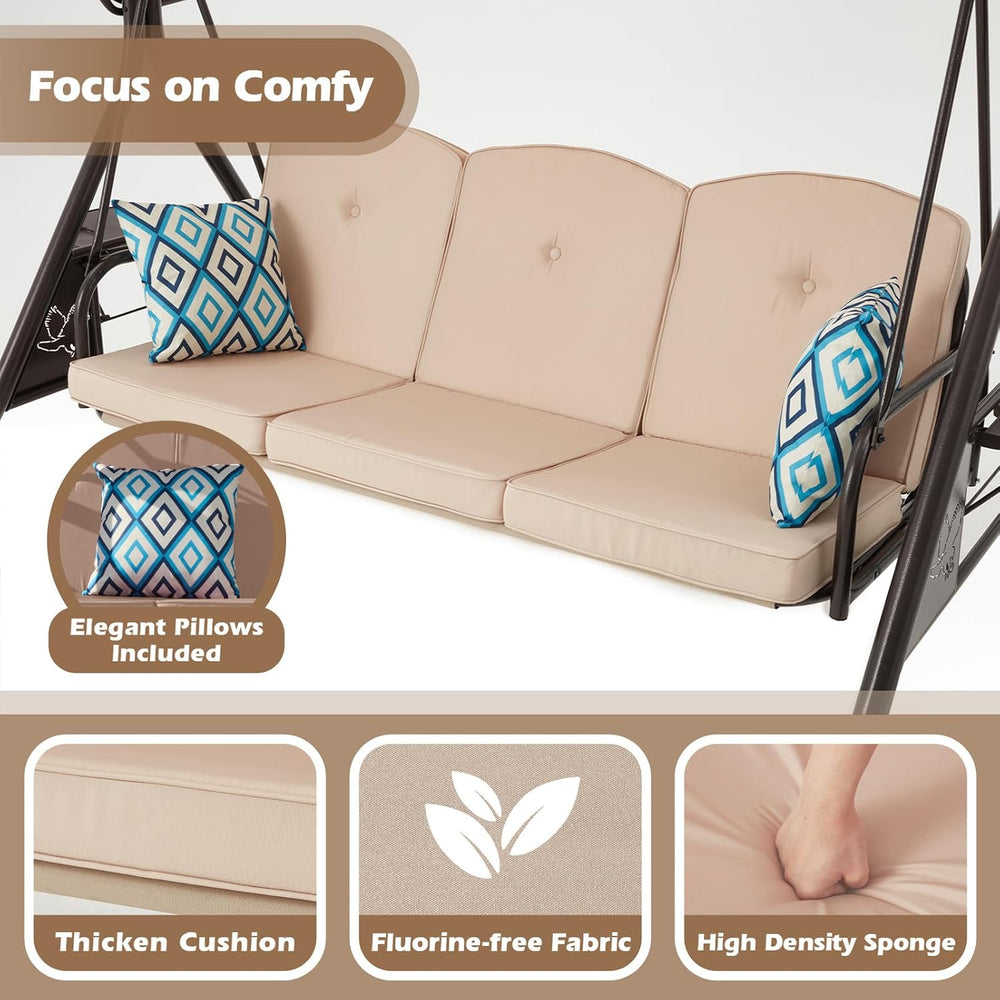 ZZW 800LBS Patio Swing with Canopy 3 Seat Outdoor Porch Swing with Stand w/Cu...