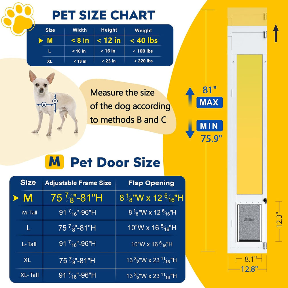 Medium Dog Door for Sliding Glass Doors, Adjustable Height 75 7/8" to 81...
