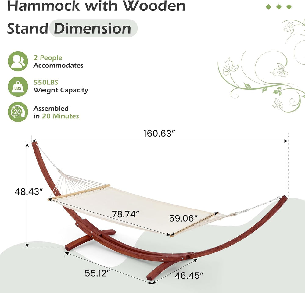 13 FT Wooden Hammock with Stand, Outdoor Double Hammock with Wood Stand 2 Per...