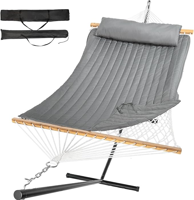 2 Person Outdoor Hammock with Stand, Cotton Rope Hammock with Polyester Pad, ...