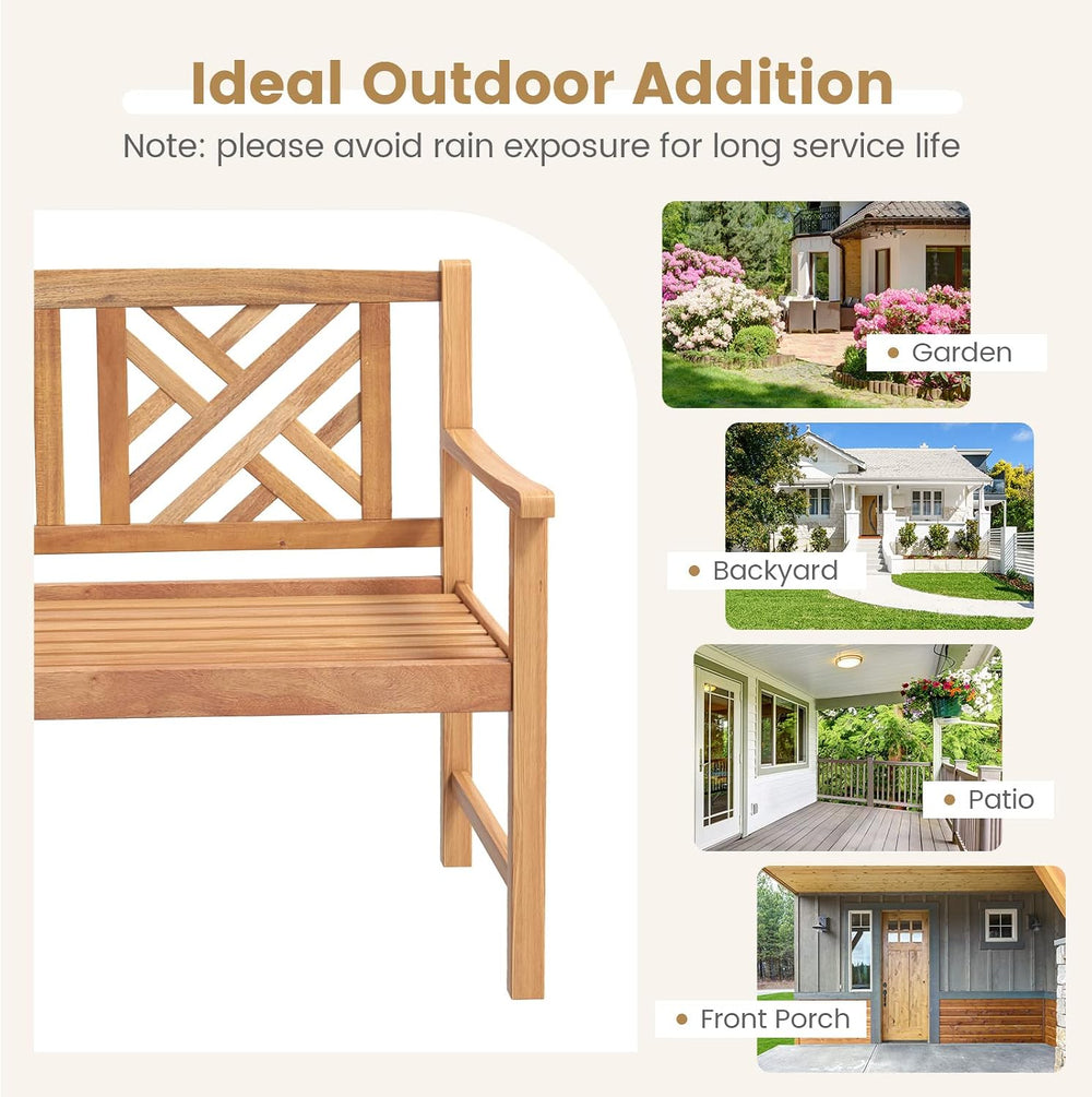 Tangkula Patio Acacia Wood Bench, 2-Person Outdoor Loveseat Chair, Cozy Armre...