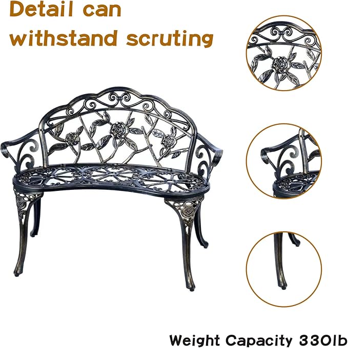 JARDIN DE CENTENNIAL Patio Garden Bench Metal Park Bench Cast Aluminum Outdoo...
