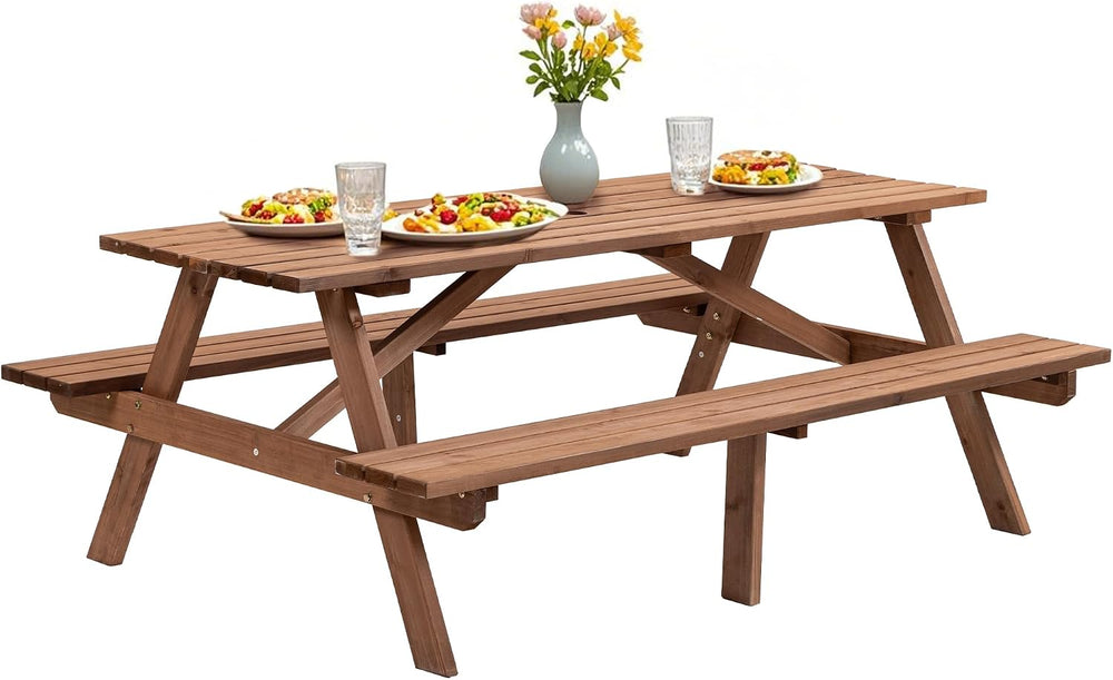 Outdoor Wooden Picnic Table with Benches and Umbrella Hole, Rustic Style Wood...
