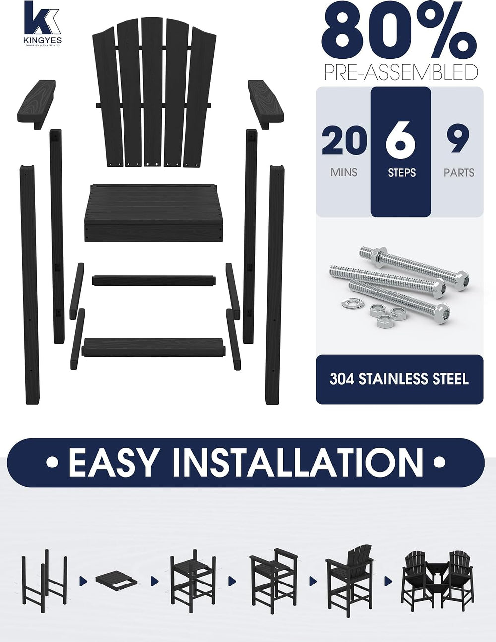KINGYES Tall Adirondack Chair Set of 2 with Double Connecting Trays, Black