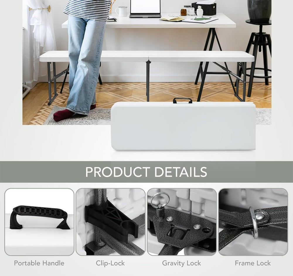 6 Foot Portable Plastic Folding Bench 6FT 72" Half Foldable Heavy Duty S...