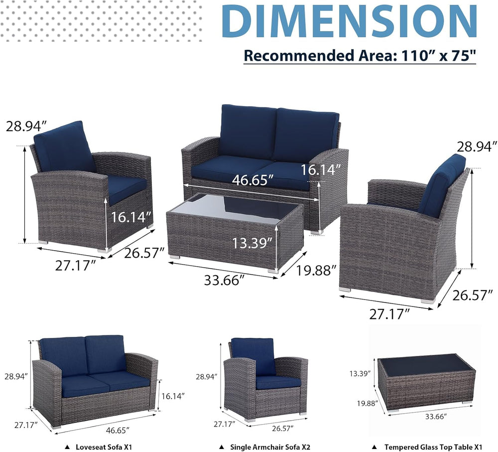 JOIVI Wicker Patio Furniture Set, 4 Piece Patio Conversation Set, Navy Blue