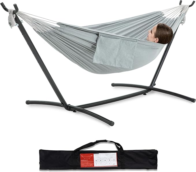 PNAEUT Double Hammocks with Stand for Outside, Portable Space Saving Heavy-Du...