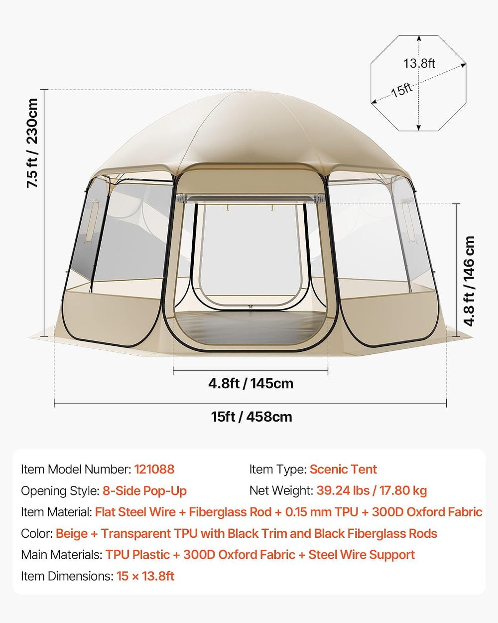 VEVOR Pop up Sports Tent, 8 Sizes Optional Clear Bubble Tent for 1-6 Person, ...