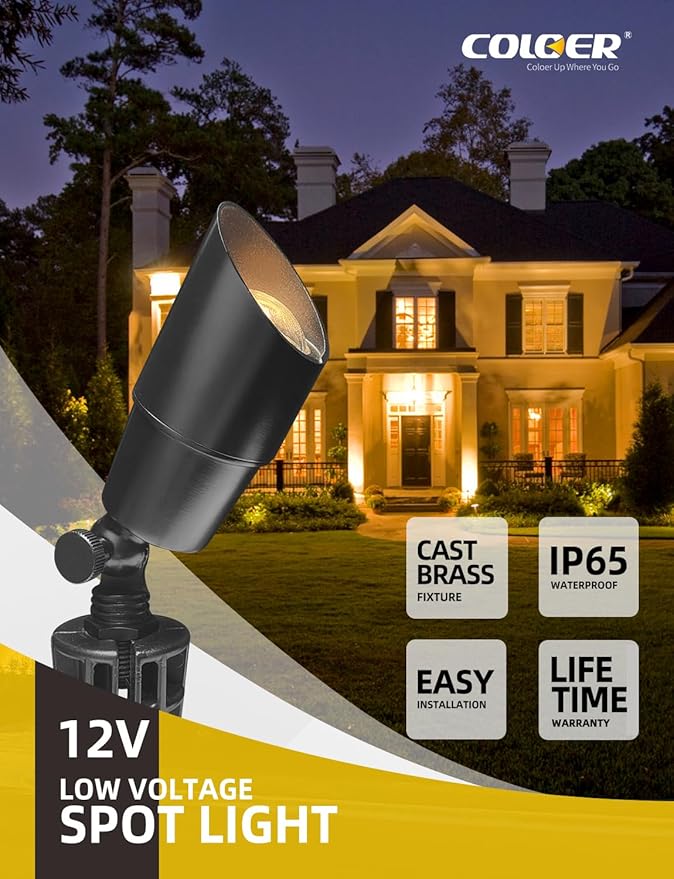 COLOER Brass Low Voltage Landscape Spotlight(Black) 12-Pack with 5W Aluminum ...
