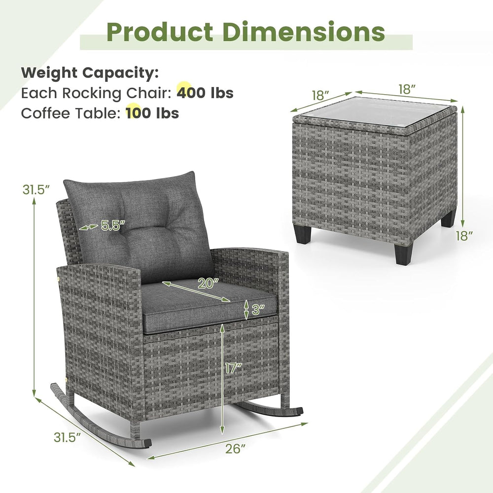 RELAX4LIFE 3-Piece Rocking Bistro Set - Rattan Wicker Rocking Chairs Set of 2...