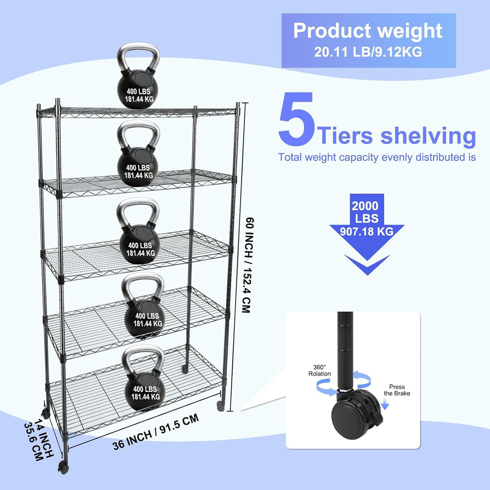 Whitmor 5 Tier Shelving Unit,Metal Storage Shelves, Heavy Duty with 4 Wheels ...