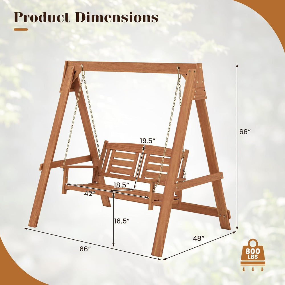 Tangkula 2-Seater Porch Swing with Stand, Wood Patio Swing Loveseat Chair wit...
