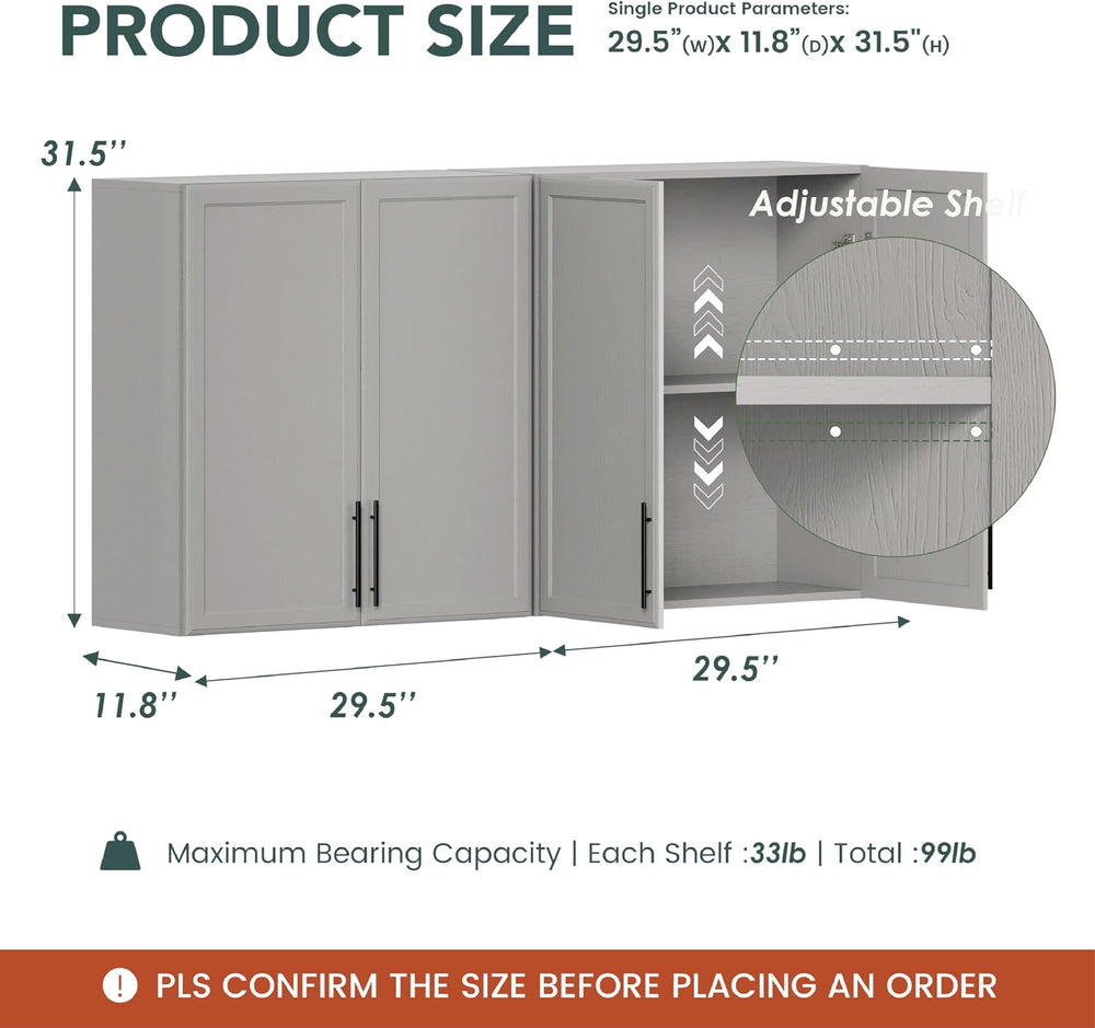 30"W Large Grey Wall cabinet for Laundry Room with Adjustable Shelf
