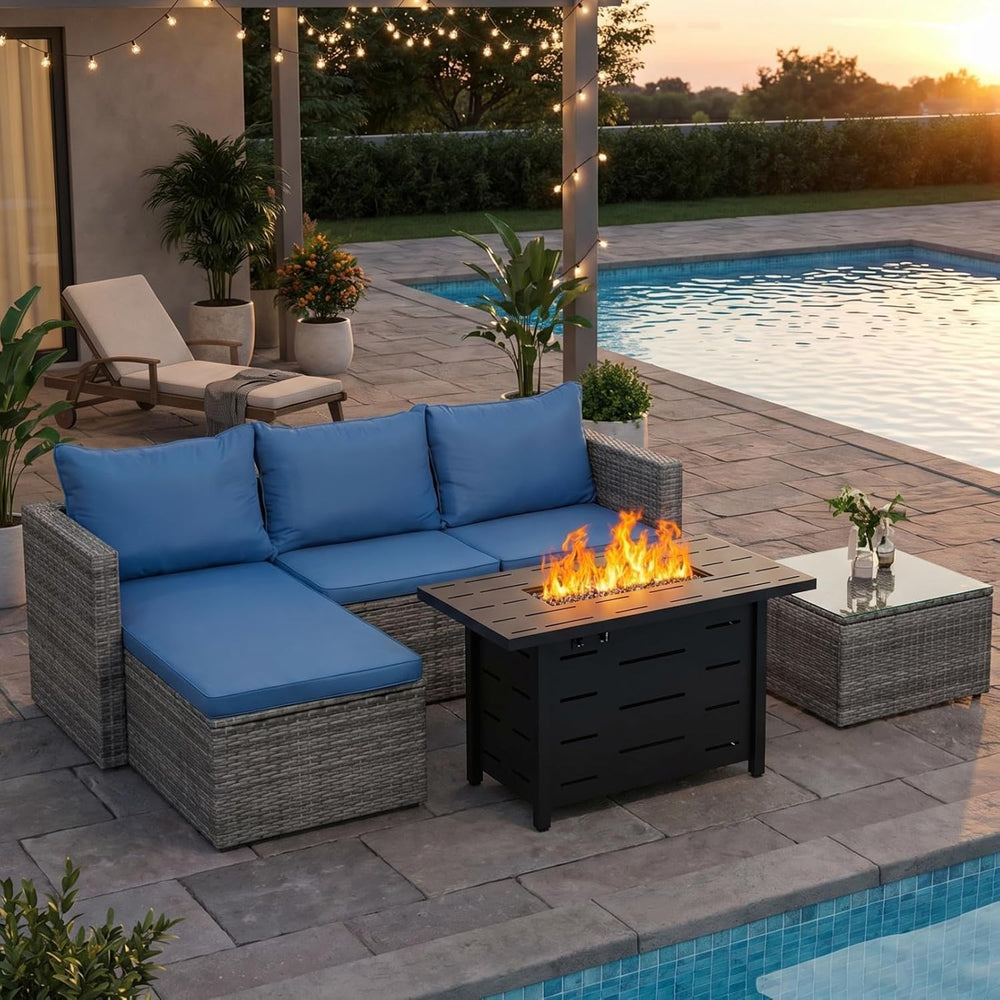 JAMFLY 4-Piece PE Wicker Patio Set with 43" Propane Fire Pit Table, Blue